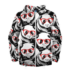 Мужская ветровка 3D с принтом Панды в красных очках в Екатеринбурге, 100% полиэстер | подол и капюшон оформлены резинкой с фиксаторами, два кармана без застежек по бокам, один потайной карман на груди | animals | bears | funny | head | muzzl | pandas | red | весёлые | взгляд | голова | графика | животные | искусство | картинка | красивый | красные | крутой | медведи | мода | модный | молодёжная | очки | панды | рисунок
