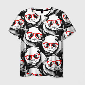 Мужская футболка 3D с принтом Панды в красных очках в Екатеринбурге, 100% полиэфир | прямой крой, круглый вырез горловины, длина до линии бедер | animals | bears | funny | head | muzzl | pandas | red | весёлые | взгляд | голова | графика | животные | искусство | картинка | красивый | красные | крутой | медведи | мода | модный | молодёжная | очки | панды | рисунок