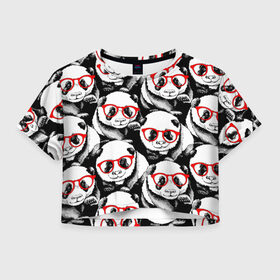 Женская футболка Cropp-top с принтом Панды в красных очках в Екатеринбурге, 100% полиэстер | круглая горловина, длина футболки до линии талии, рукава с отворотами | Тематика изображения на принте: animals | bears | funny | head | muzzl | pandas | red | весёлые | взгляд | голова | графика | животные | искусство | картинка | красивый | красные | крутой | медведи | мода | модный | молодёжная | очки | панды | рисунок