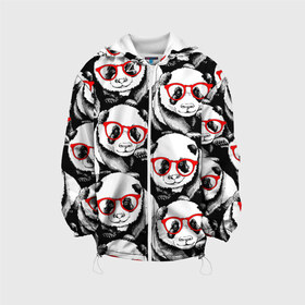 Детская куртка 3D с принтом Панды в красных очках в Екатеринбурге, 100% полиэстер | застежка — молния, подол и капюшон оформлены резинкой с фиксаторами, по бокам — два кармана без застежек, один потайной карман на груди, плотность верхнего слоя — 90 г/м2; плотность флисового подклада — 260 г/м2 | animals | bears | funny | head | muzzl | pandas | red | весёлые | взгляд | голова | графика | животные | искусство | картинка | красивый | красные | крутой | медведи | мода | модный | молодёжная | очки | панды | рисунок