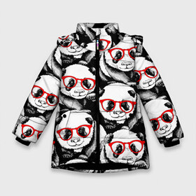Зимняя куртка для девочек 3D с принтом Панды в красных очках в Екатеринбурге, ткань верха — 100% полиэстер; подклад — 100% полиэстер, утеплитель — 100% полиэстер. | длина ниже бедра, удлиненная спинка, воротник стойка и отстегивающийся капюшон. Есть боковые карманы с листочкой на кнопках, утяжки по низу изделия и внутренний карман на молнии. 

Предусмотрены светоотражающий принт на спинке, радужный светоотражающий элемент на пуллере молнии и на резинке для утяжки. | animals | bears | funny | head | muzzl | pandas | red | весёлые | взгляд | голова | графика | животные | искусство | картинка | красивый | красные | крутой | медведи | мода | модный | молодёжная | очки | панды | рисунок