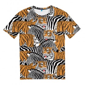 Мужская футболка 3D с принтом Тигры и зебры в Екатеринбурге, 100% полиэфир | прямой крой, круглый вырез горловины, длина до линии бедер | black | orange | stri | white | абстракция | африка | белая | графика | животное | зебры | искусство | картинка | коллаж | красивый | крутой | лошадь | мода | модный | молодёжная | оранжевая | полосы | рисунок