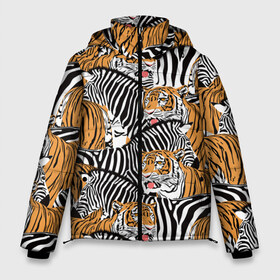 Мужская зимняя куртка 3D с принтом Тигры и зебры в Екатеринбурге, верх — 100% полиэстер; подкладка — 100% полиэстер; утеплитель — 100% полиэстер | длина ниже бедра, свободный силуэт Оверсайз. Есть воротник-стойка, отстегивающийся капюшон и ветрозащитная планка. 

Боковые карманы с листочкой на кнопках и внутренний карман на молнии. | Тематика изображения на принте: black | orange | stri | white | абстракция | африка | белая | графика | животное | зебры | искусство | картинка | коллаж | красивый | крутой | лошадь | мода | модный | молодёжная | оранжевая | полосы | рисунок