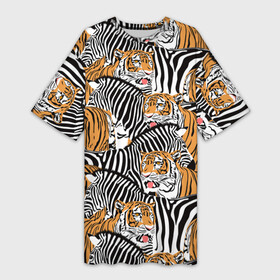 Платье-футболка 3D с принтом Тигры и зебры в Екатеринбурге,  |  | black | orange | stri | white | абстракция | африка | белая | графика | животное | зебры | искусство | картинка | коллаж | красивый | крутой | лошадь | мода | модный | молодёжная | оранжевая | полосы | рисунок