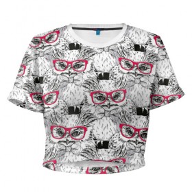 Женская футболка Cropp-top с принтом Совы в красных очках в Екатеринбурге, 100% полиэстер | круглая горловина, длина футболки до линии талии, рукава с отворотами | 