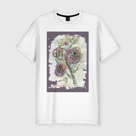 Мужская футболка хлопок Slim с принтом Механический цветок в Екатеринбурге, 92% хлопок, 8% лайкра | приталенный силуэт, круглый вырез ворота, длина до линии бедра, короткий рукав | steampunk | механика | ретро | рисунок | стимпанк | цветы