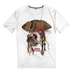 Мужская футболка 3D с принтом Pirate PUG в Екатеринбурге, 100% полиэфир | прямой крой, круглый вырез горловины, длина до линии бедер | drawing | picture | белый | брутальный | взгляд | графика | животное | искусство | картинка | косички | крутой | лучший | модный | мопс | морской | пиратский | платок | порода | разбойник | рисунок | сильный