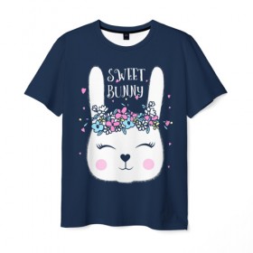 Мужская футболка 3D с принтом Sweet bunny в Екатеринбурге, 100% полиэфир | прямой крой, круглый вырез горловины, длина до линии бедер | art | creat | drawing | graphics | picture | белый | влюбленный | графика | день святого валентина | заяц | зеленый | искусство | картинка | кролик | крутой | лучший | любовь | модный | подарок | праздник | пушистый