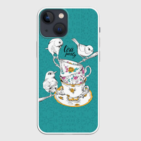 Чехол для iPhone 13 mini с принтом Tea party в Екатеринбурге,  |  | art | best | c | creativity | drawing | graphics | phontase | picture | белый | блюдца | вечеринка | графика | зелёный | искусство | картинка | кружки | крутой | ложки | лучший | модный | птицы | расписные | рисунок | розы