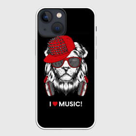 Чехол для iPhone 13 mini с принтом I love music в Екатеринбурге,  |  | art | creativity | drawing | graphics | ph | picture | бейсболка | голова | графика | грива | дикий | животное | искусство | картинка | красный | крутой | лев | лучший | модный | музыка | наушники | очки | рисунок | сердце
