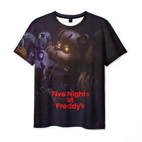 Мужская футболка 3D с принтом Five Nights at Freddy`s в Екатеринбурге, 100% полиэфир | прямой крой, круглый вырез горловины, длина до линии бедер | five nights at freddy s | game | horror | игры | механические куклы | ночь | охранник | пять ночей у фредди | светящиеся глаза | ужас