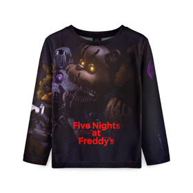 Детский лонгслив 3D с принтом Five Nights at Freddy`s в Екатеринбурге, 100% полиэстер | длинные рукава, круглый вырез горловины, полуприлегающий силуэт
 | five nights at freddy s | game | horror | игры | механические куклы | ночь | охранник | пять ночей у фредди | светящиеся глаза | ужас