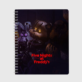 Тетрадь с принтом Five Nights at Freddys в Екатеринбурге, 100% бумага | 48 листов, плотность листов — 60 г/м2, плотность картонной обложки — 250 г/м2. Листы скреплены сбоку удобной пружинной спиралью. Уголки страниц и обложки скругленные. Цвет линий — светло-серый
 | five nights at freddy s | game | horror | игры | механические куклы | ночь | охранник | пять ночей у фредди | светящиеся глаза | ужас