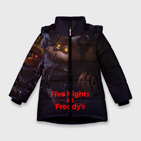 Зимняя куртка для девочек 3D с принтом Five Nights at Freddys в Екатеринбурге, ткань верха — 100% полиэстер; подклад — 100% полиэстер, утеплитель — 100% полиэстер. | длина ниже бедра, удлиненная спинка, воротник стойка и отстегивающийся капюшон. Есть боковые карманы с листочкой на кнопках, утяжки по низу изделия и внутренний карман на молнии. 

Предусмотрены светоотражающий принт на спинке, радужный светоотражающий элемент на пуллере молнии и на резинке для утяжки. | five nights at freddy s | game | horror | игры | механические куклы | ночь | охранник | пять ночей у фредди | светящиеся глаза | ужас