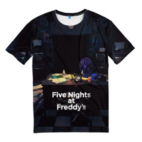 Мужская футболка 3D с принтом Five Nights at Freddy`s в Екатеринбурге, 100% полиэфир | прямой крой, круглый вырез горловины, длина до линии бедер | five nights at freddy s | game | horror | игры | механические куклы | ночь | охранник | пять ночей у фредди | светящиеся глаза | ужас