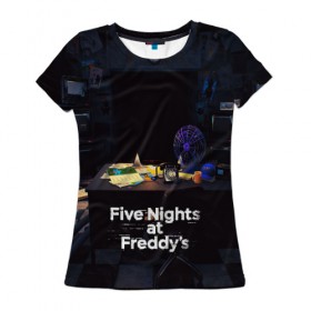 Женская футболка 3D с принтом Five Nights at Freddy`s в Екатеринбурге, 100% полиэфир ( синтетическое хлопкоподобное полотно) | прямой крой, круглый вырез горловины, длина до линии бедер | five nights at freddy s | game | horror | игры | механические куклы | ночь | охранник | пять ночей у фредди | светящиеся глаза | ужас
