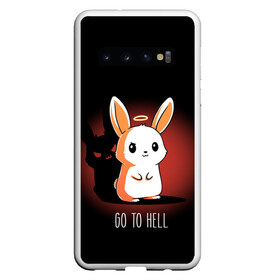 Чехол для Samsung Galaxy S10 с принтом Go to hell в Екатеринбурге, Силикон | Область печати: задняя сторона чехла, без боковых панелей | Тематика изображения на принте: ад | ангел | дьявол | зайчик | заяц | нимб | рожки | тень | ушки