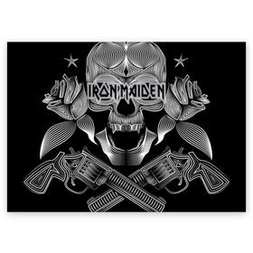 Поздравительная открытка с принтом Iron Maiden в Екатеринбурге, 100% бумага | плотность бумаги 280 г/м2, матовая, на обратной стороне линовка и место для марки
 | Тематика изображения на принте: бас | британия | брюс дикинсон | гитара | группа | дева | железная | метал | нико макбрэйн | рок | стив харрис | хеви | яник герс