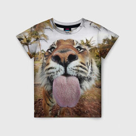 Детская футболка 3D с принтом Тигр показывает язык в Екатеринбурге, 100% гипоаллергенный полиэфир | прямой крой, круглый вырез горловины, длина до линии бедер, чуть спущенное плечо, ткань немного тянется | Тематика изображения на принте: голова | животные | кот | кошка | лев | лицо | прикол | прикольные | природа | смешные 
 животные | тигр | тигрица | юмор | язык