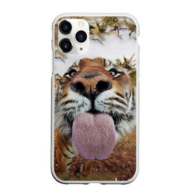 Чехол для iPhone 11 Pro матовый с принтом Тигр показывает язык в Екатеринбурге, Силикон |  | Тематика изображения на принте: голова | животные | кот | кошка | лев | лицо | прикол | прикольные | природа | смешные 
 животные | тигр | тигрица | юмор | язык