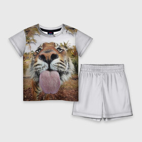 Детский костюм с шортами 3D с принтом Тигр показывает язык в Екатеринбурге,  |  | Тематика изображения на принте: голова | животные | кот | кошка | лев | лицо | прикол | прикольные | природа | смешные 
 животные | тигр | тигрица | юмор | язык