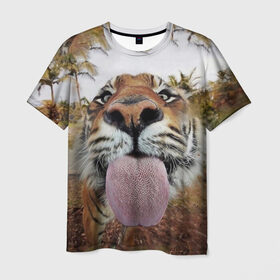 Мужская футболка 3D с принтом Тигр показывает язык в Екатеринбурге, 100% полиэфир | прямой крой, круглый вырез горловины, длина до линии бедер | Тематика изображения на принте: голова | животные | кот | кошка | лев | лицо | прикол | прикольные | природа | смешные 
 животные | тигр | тигрица | юмор | язык