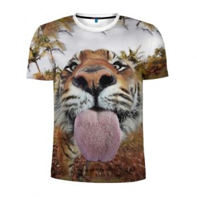 Мужская футболка 3D спортивная с принтом Тигр показывает язык в Екатеринбурге, 100% полиэстер с улучшенными характеристиками | приталенный силуэт, круглая горловина, широкие плечи, сужается к линии бедра | Тематика изображения на принте: голова | животные | кот | кошка | лев | лицо | прикол | прикольные | природа | смешные 
 животные | тигр | тигрица | юмор | язык