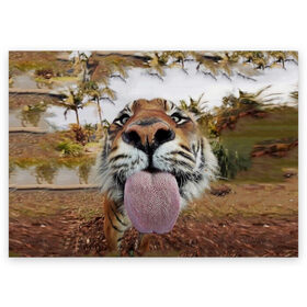 Поздравительная открытка с принтом Тигр показывает язык в Екатеринбурге, 100% бумага | плотность бумаги 280 г/м2, матовая, на обратной стороне линовка и место для марки
 | Тематика изображения на принте: голова | животные | кот | кошка | лев | лицо | прикол | прикольные | природа | смешные 
 животные | тигр | тигрица | юмор | язык