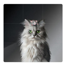 Магнитный плакат 3Х3 с принтом Кот и мышка в Екатеринбурге, Полимерный материал с магнитным слоем | 9 деталей размером 9*9 см | Тематика изображения на принте: животные | кот | котенок | кошка | крыса | мышка | мышь | перс | персидский кот | серый