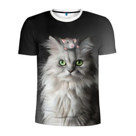 Мужская футболка 3D спортивная с принтом Кот и мышка в Екатеринбурге, 100% полиэстер с улучшенными характеристиками | приталенный силуэт, круглая горловина, широкие плечи, сужается к линии бедра | Тематика изображения на принте: животные | кот | котенок | кошка | крыса | мышка | мышь | перс | персидский кот | серый