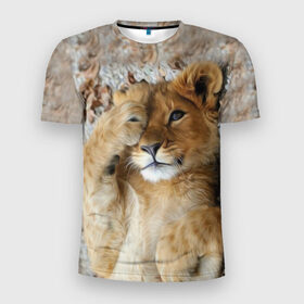 Мужская футболка 3D спортивная с принтом Львенок в Екатеринбурге, 100% полиэстер с улучшенными характеристиками | приталенный силуэт, круглая горловина, широкие плечи, сужается к линии бедра | дикая кошка | животные | кот | кошка | лев | львенок | львица | мордочка | природа | тигр | хищник