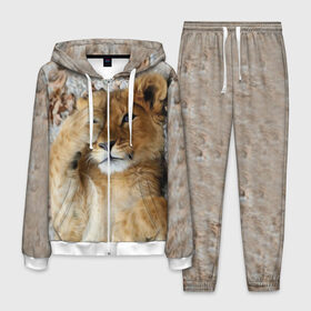 Мужской костюм 3D с принтом Львенок в Екатеринбурге, 100% полиэстер | Манжеты и пояс оформлены тканевой резинкой, двухслойный капюшон со шнурком для регулировки, карманы спереди | Тематика изображения на принте: дикая кошка | животные | кот | кошка | лев | львенок | львица | мордочка | природа | тигр | хищник