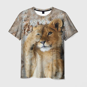 Мужская футболка 3D с принтом Львенок в Екатеринбурге, 100% полиэфир | прямой крой, круглый вырез горловины, длина до линии бедер | дикая кошка | животные | кот | кошка | лев | львенок | львица | мордочка | природа | тигр | хищник