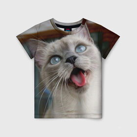Детская футболка 3D с принтом Сиамский котенок в Екатеринбурге, 100% гипоаллергенный полиэфир | прямой крой, круглый вырез горловины, длина до линии бедер, чуть спущенное плечо, ткань немного тянется | животные | кот | котенок | котик | кошечка | кошка | милый | мордочка | показывает язык | прикол | серый | сиамская | сиамская кошка | сиамский котенок | юмор | язык