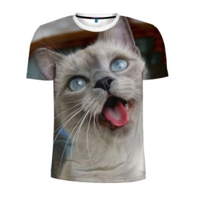 Мужская футболка 3D спортивная с принтом Сиамский котенок в Екатеринбурге, 100% полиэстер с улучшенными характеристиками | приталенный силуэт, круглая горловина, широкие плечи, сужается к линии бедра | животные | кот | котенок | котик | кошечка | кошка | милый | мордочка | показывает язык | прикол | серый | сиамская | сиамская кошка | сиамский котенок | юмор | язык