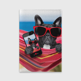 Обложка для паспорта матовая кожа с принтом бульдог в Екатеринбурге, натуральная матовая кожа | размер 19,3 х 13,7 см; прозрачные пластиковые крепления | Тематика изображения на принте: бульдог | отдых | очки | собака | телефон | черная собака