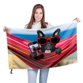 Флаг 3D с принтом бульдог в Екатеринбурге, 100% полиэстер | плотность ткани — 95 г/м2, размер — 67 х 109 см. Принт наносится с одной стороны | бульдог | отдых | очки | собака | телефон | черная собака