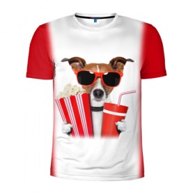 Мужская футболка 3D спортивная с принтом собака-киноман в Екатеринбурге, 100% полиэстер с улучшенными характеристиками | приталенный силуэт, круглая горловина, широкие плечи, сужается к линии бедра | кино | отдых | очки | попкорн | собака | телефон | терьер