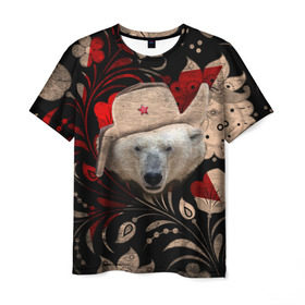 Мужская футболка 3D с принтом Медведь в ушанке в Екатеринбурге, 100% полиэфир | прямой крой, круглый вырез горловины, длина до линии бедер | звезда | мишка | патриот | роспись | русский | русь | сибирь | ссср | хохлома | шапка