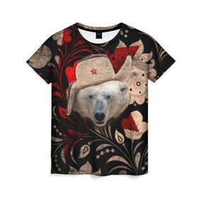 Женская футболка 3D с принтом Медведь в ушанке в Екатеринбурге, 100% полиэфир ( синтетическое хлопкоподобное полотно) | прямой крой, круглый вырез горловины, длина до линии бедер | звезда | мишка | патриот | роспись | русский | русь | сибирь | ссср | хохлома | шапка