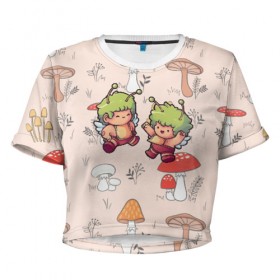 Женская футболка 3D укороченная с принтом Грибные человечки в Екатеринбурге, 100% полиэстер | круглая горловина, длина футболки до линии талии, рукава с отворотами | mashrooms | в стиле марио | волшебные грибы | гриб | грибной узор | грибочки | девочка с грибом | красный гриб | мир грибов | паттерн грибы | поганки | психоделика | психоз