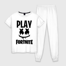 Женская пижама хлопок с принтом FORTNITE x MARSHMELLO в Екатеринбурге, 100% хлопок | брюки и футболка прямого кроя, без карманов, на брюках мягкая резинка на поясе и по низу штанин | 2019 | armor | armour | cybersport | esport | fortnite | game | llama | logo | броня | игра | киберспорт | лама | фиолетовый | фирменные цвета | фортнайт