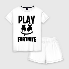 Женская пижама с шортиками хлопок с принтом FORTNITE x MARSHMELLO в Екатеринбурге, 100% хлопок | футболка прямого кроя, шорты свободные с широкой мягкой резинкой | 2019 | armor | armour | cybersport | esport | fortnite | game | llama | logo | броня | игра | киберспорт | лама | фиолетовый | фирменные цвета | фортнайт