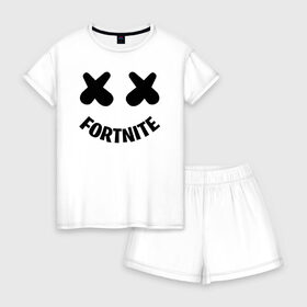 Женская пижама с шортиками хлопок с принтом FORTNITE x MARSHMELLO в Екатеринбурге, 100% хлопок | футболка прямого кроя, шорты свободные с широкой мягкой резинкой | 2019 | armor | armour | cybersport | esport | fortnite | game | llama | logo | броня | игра | киберспорт | лама | фиолетовый | фирменные цвета | фортнайт