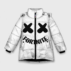 Зимняя куртка для девочек 3D с принтом FORTNITE x MARSHMELLO в Екатеринбурге, ткань верха — 100% полиэстер; подклад — 100% полиэстер, утеплитель — 100% полиэстер. | длина ниже бедра, удлиненная спинка, воротник стойка и отстегивающийся капюшон. Есть боковые карманы с листочкой на кнопках, утяжки по низу изделия и внутренний карман на молнии. 

Предусмотрены светоотражающий принт на спинке, радужный светоотражающий элемент на пуллере молнии и на резинке для утяжки. | Тематика изображения на принте: 2019 | armor | armour | cybersport | esport | fortnite | game | llama | logo | броня | игра | киберспорт | лама | фиолетовый | фирменные цвета | фортнайт