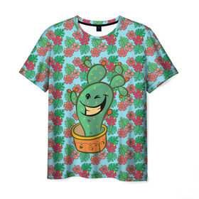 Мужская футболка 3D с принтом Веселый кактус в Екатеринбурге, 100% полиэфир | прямой крой, круглый вырез горловины, длина до линии бедер | веселый кактус | зеленый | иголки | кактусы | колючий | летний | лето | настроение | прикольный | радостный | счастье | цветок | цветы | эмоции