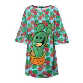 Детское платье 3D с принтом Веселый кактус в Екатеринбурге, 100% полиэстер | прямой силуэт, чуть расширенный к низу. Круглая горловина, на рукавах — воланы | Тематика изображения на принте: веселый кактус | зеленый | иголки | кактусы | колючий | летний | лето | настроение | прикольный | радостный | счастье | цветок | цветы | эмоции