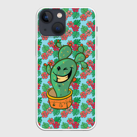 Чехол для iPhone 13 mini с принтом Веселый кактус в Екатеринбурге,  |  | веселый кактус | зеленый | иголки | кактусы | колючий | летний | лето | настроение | прикольный | радостный | счастье | цветок | цветы | эмоции