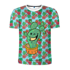 Мужская футболка 3D спортивная с принтом Веселый кактус в Екатеринбурге, 100% полиэстер с улучшенными характеристиками | приталенный силуэт, круглая горловина, широкие плечи, сужается к линии бедра | веселый кактус | зеленый | иголки | кактусы | колючий | летний | лето | настроение | прикольный | радостный | счастье | цветок | цветы | эмоции