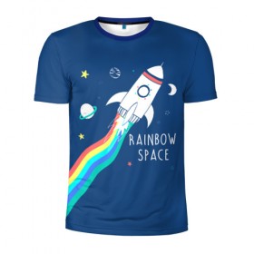 Мужская футболка 3D спортивная с принтом Rainbow space в Екатеринбурге, 100% полиэстер с улучшенными характеристиками | приталенный силуэт, круглая горловина, широкие плечи, сужается к линии бедра | Тематика изображения на принте: children | drawing | fire | flight | infinity | moon | planets | rainbow | rocket | space | stars | train | universe | wh | белый | бесконечность | вселенная | детский | звезды | космос | луна | надпись | огонь | планеты | полет | радуга | ракета | рисуно